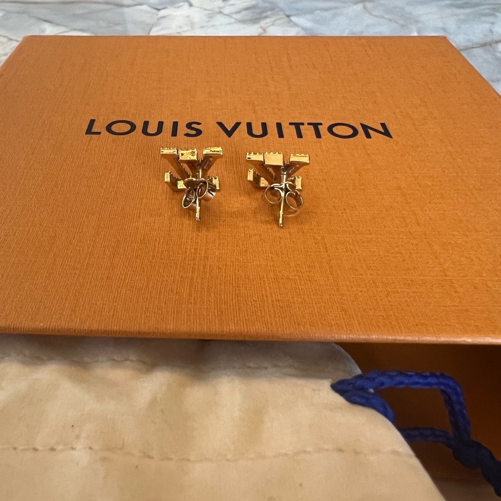 Authentic Louis Vuitton Iconic Gold and Clear Crystal LV Stud Earrings - Picture 5 of 5